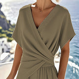 Women's Fashion Solid Color 2-Piece Set Short Sleeve Cross V-Neck Top With Ruched Detail & Wide Leg Jumpsuit With Pockets