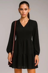 Gaun Sifon Lengan Panjang Leher V Leher A- Line Asli