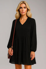 Gaun Sifon Lengan Panjang Leher V Leher A- Line Asli