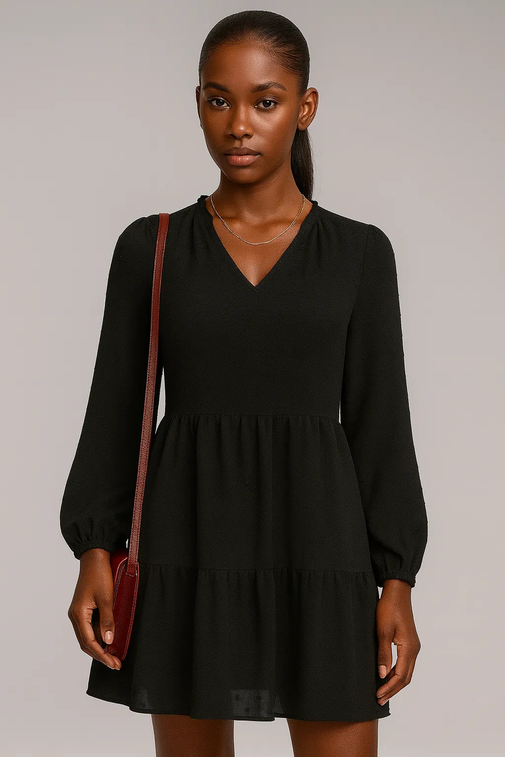 Gaun Sifon Lengan Panjang Leher V Leher A- Line Asli