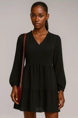 Gaun Sifon Lengan Panjang Leher V Leher A- Line Asli