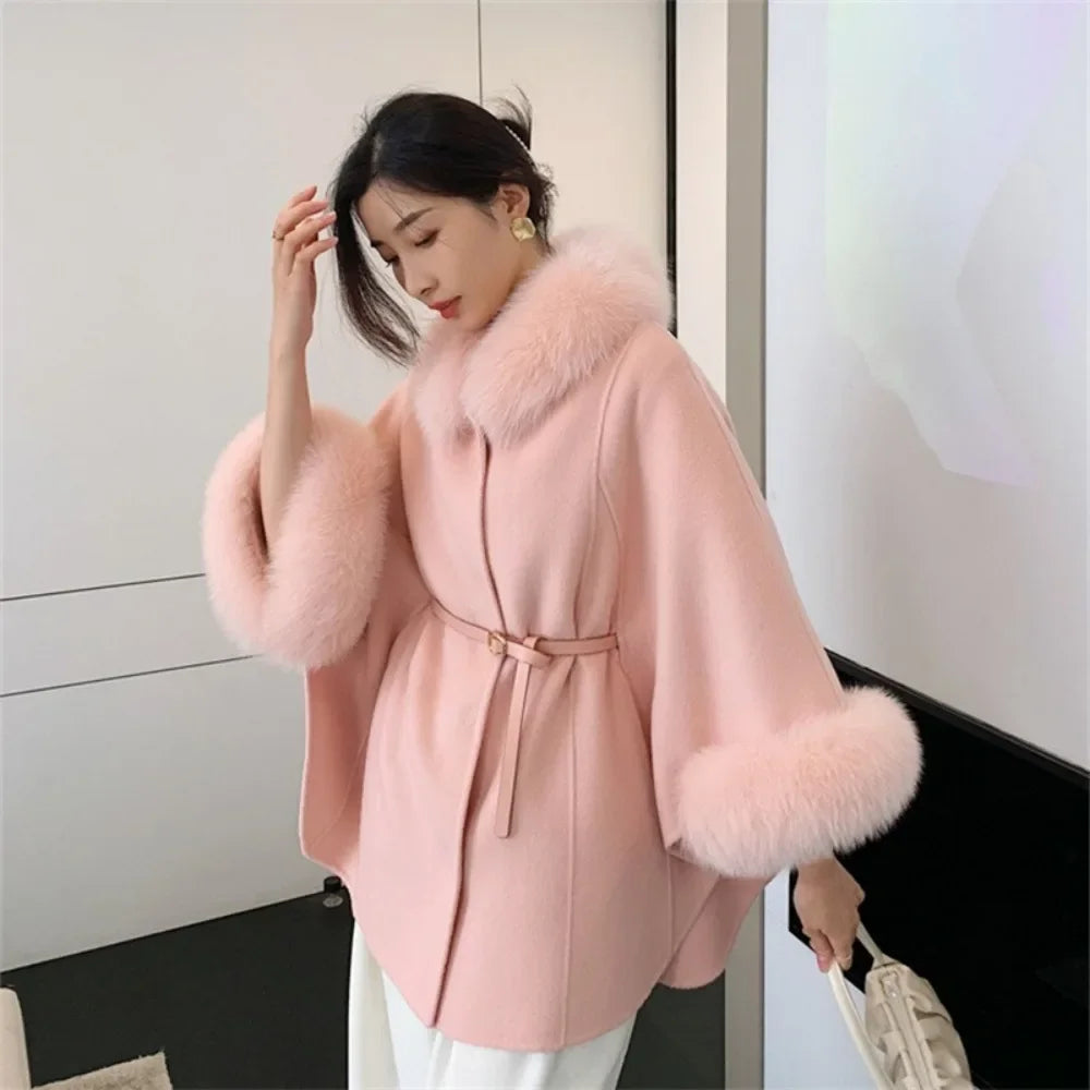 Fur Sleeve Detachable Real Fox Fur Collar Coat Wool 2024 New Autumn Winter Women's Warm A-line Jacket Luxury Thick Female Coat