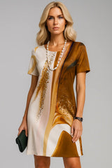 Gaun Lengan Pendek Cetak Bertekstur Vintage