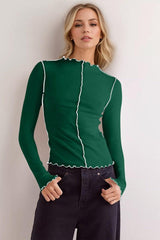 Basic Bae Contrast Trim Mock Neck Long Sleeve T-Shirt-Dark Green-10