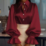 Women's Puff Sleeve Button Down Blouse, Ruffle Detail Dressy Casual Work Top