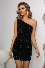 Sequin Lace-Up One-Shoulder Bodycon Dress-4