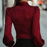 Women's Elegant Solid Color V-Neck Satin Long Sleeve Blouse, Tie Waist Professional Office Shirt For Spring Autumn