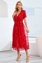 Sequin Leaf Embroidery Tie Front Short Sleeve Dress-17