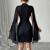 Women's Glitter Bodycon Mini Dress, Mock Neck Cloak Sleeve Cocktail Dress For Wedding Guest Party