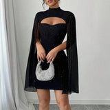 Women's Sparkly Bodycon Mini Dress, Mock Neck Cloak Sleeve Cocktail Dress