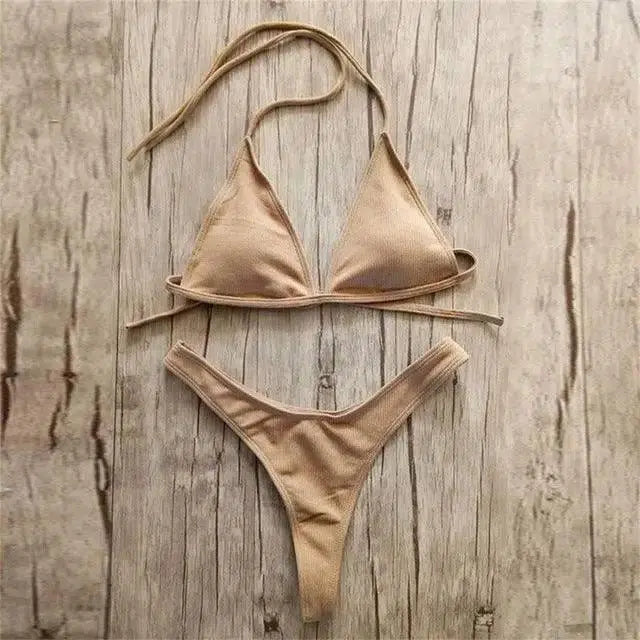 Brazilian Girls Swimming Suits Bikini Small Cup High Cut-Khaki-4