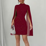 Women's Glitter Bodycon Mini Dress, Mock Neck Cloak Sleeve Cocktail Dress For Wedding Guest Party