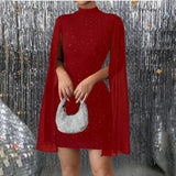 Women's Glitter Bodycon Mini Dress, Mock Neck Cloak Sleeve Cocktail Dress For Wedding Guest Party