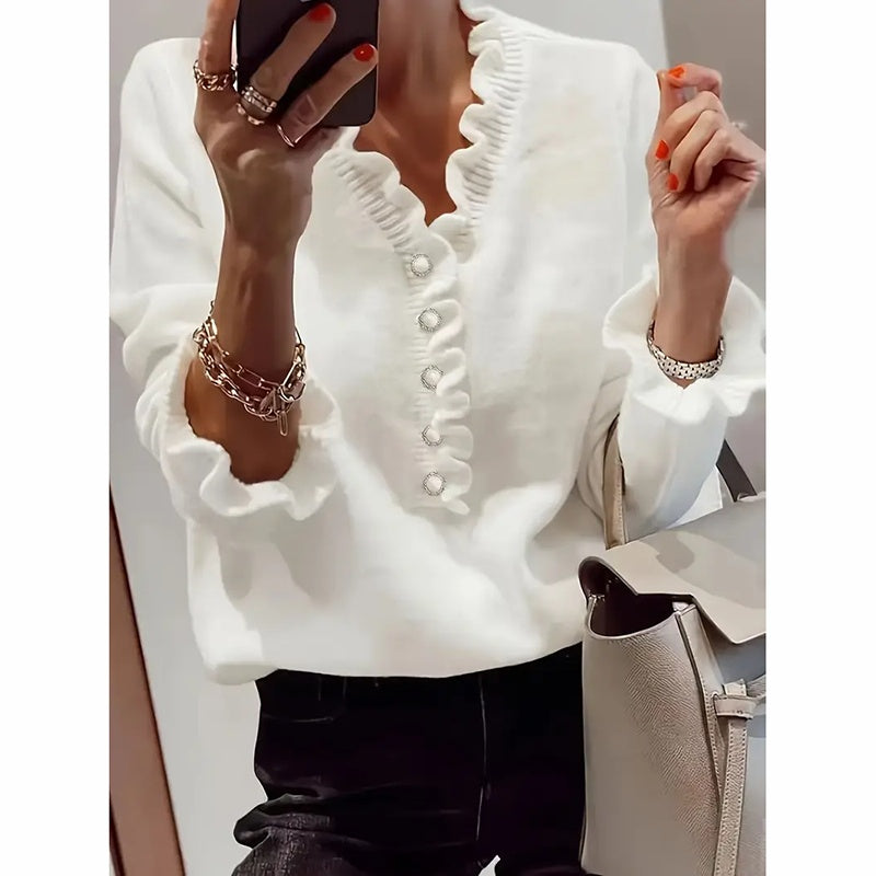 Ruffle Knit V-Neck Pullover