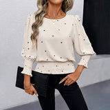Women's Heart Print Blouse, Long Sleeve Smocked Crew Neck Casual Top