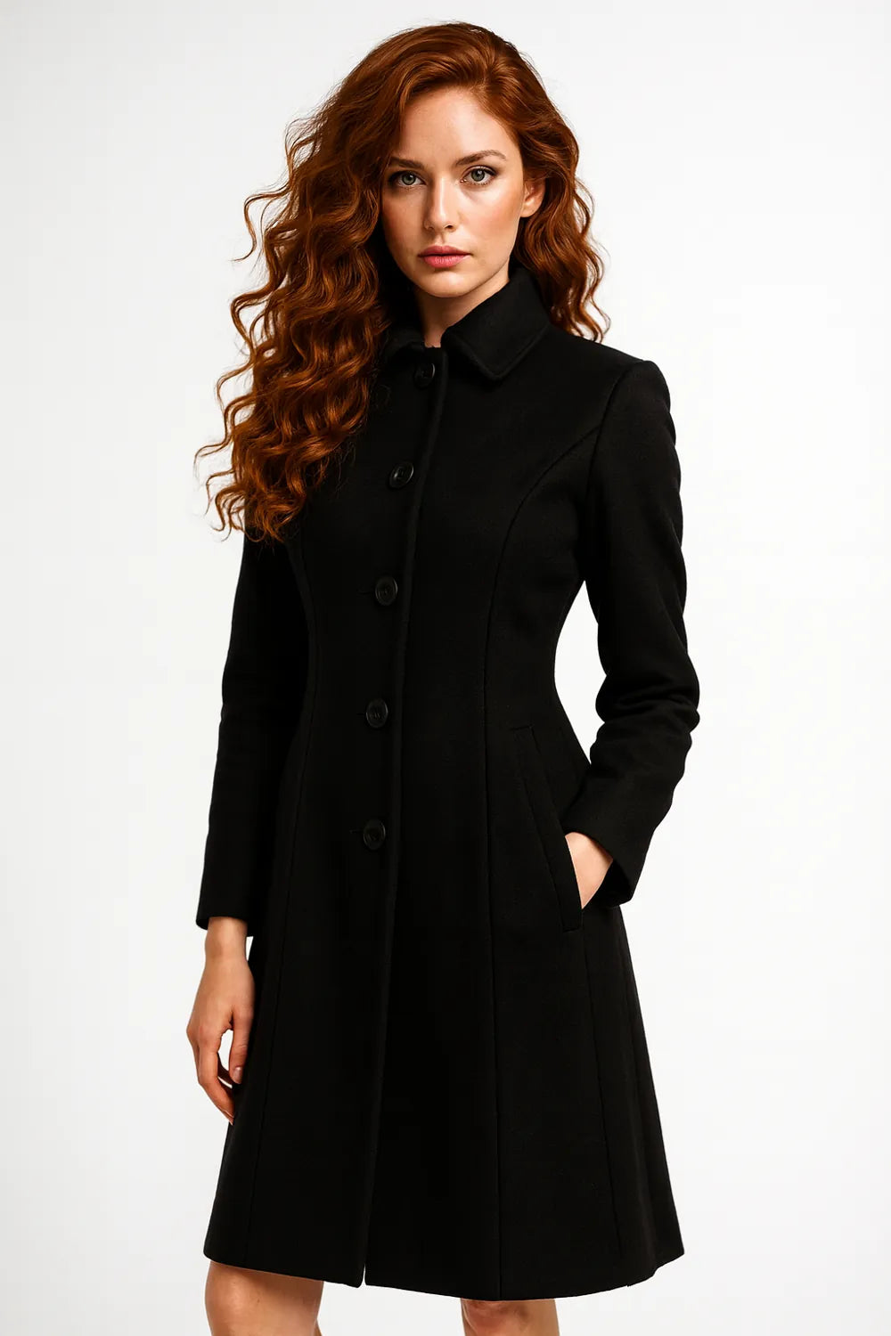 Women’s black wool coat – elegant long tailored winter outerwear