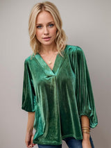 V-Neck Three-Quarter Sleeve Blouse-Dark Green-1