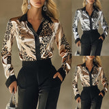 Elegant Women's Printed Satin Shirt - Lapel Collar Long Sleeve Button Down Blouse With Flowy Design