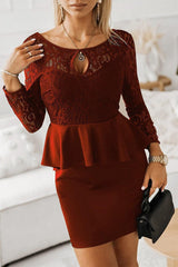 Lace Detail Long Sleeve Mini Dress-Burgundy-12