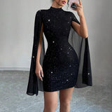 Women's Glitter Bodycon Mini Dress, Mock Neck Cloak Sleeve Cocktail Dress For Wedding Guest Party