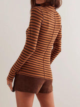 Exposed Seam Striped Turtleneck Long Sleeve T-Shirt-Brown-4