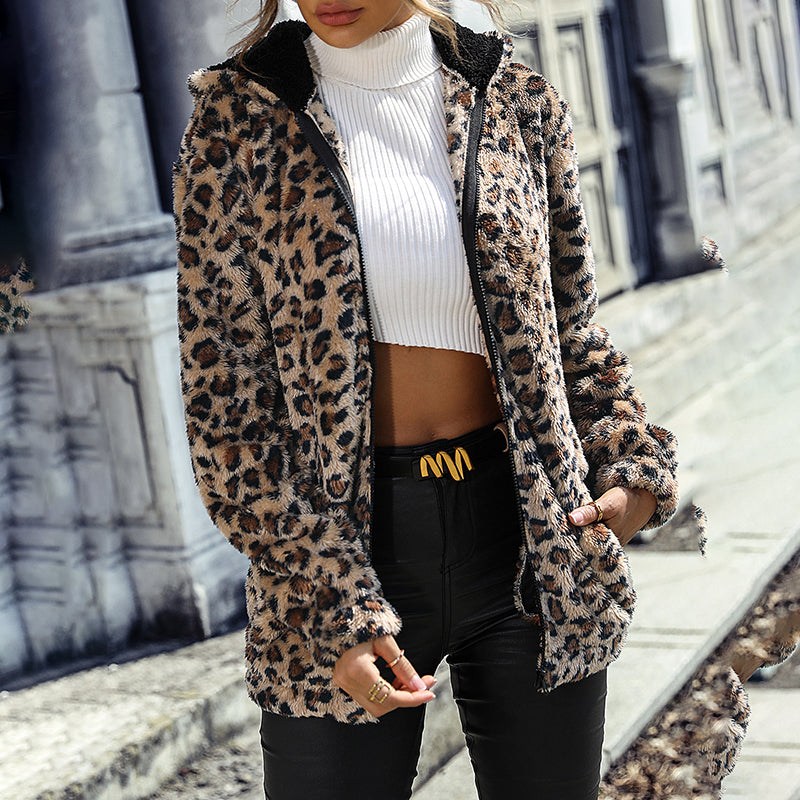Fuzzy Leopard Zip-Up Hooded Jacket