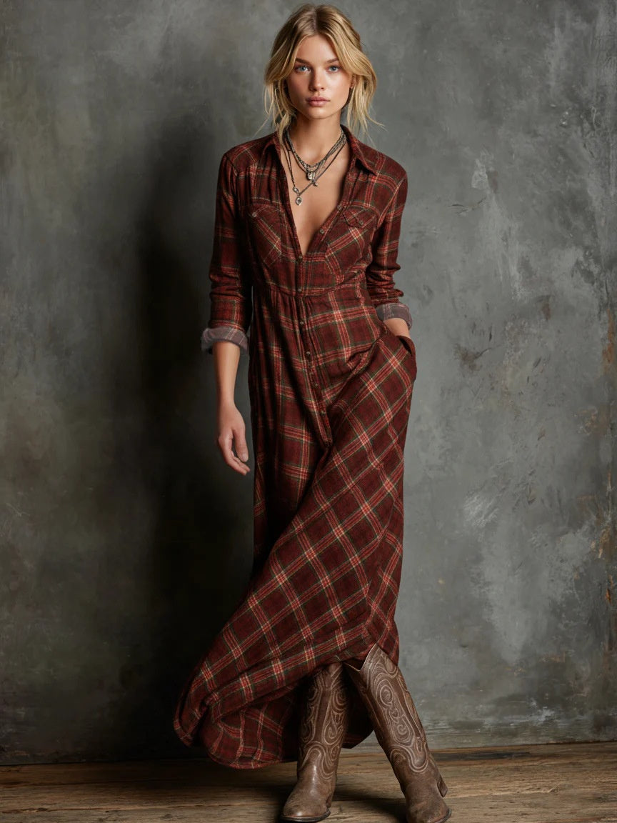 Casual Long Sleeve Lapel Plaid Long Dress