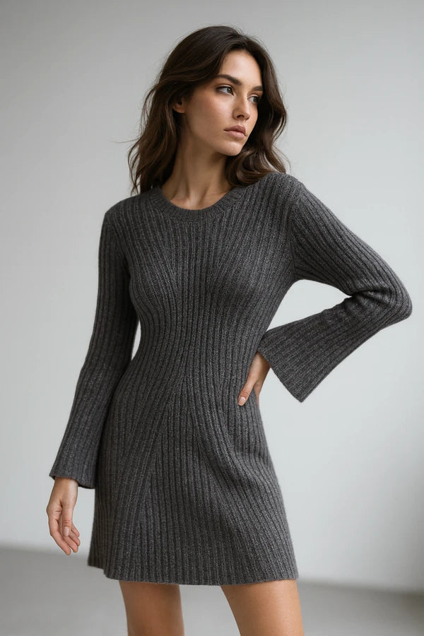 Chic gray ribbed knit sweater dress with long sleeves for women