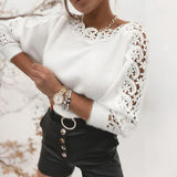 Women's Lace Patch Sweater, Hollow-Out Crewneck Long Sleeve Soft Pullover