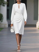 Temperament Pure Color Pleated Waist Tight Round Neck Hollow Dress