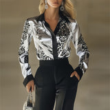 Elegant Women's Printed Satin Shirt - Lapel Collar Long Sleeve Button Down Blouse With Flowy Design