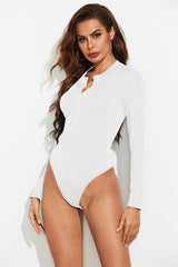 Half Button Round Neck Long Sleeve Bodysuit-White-5