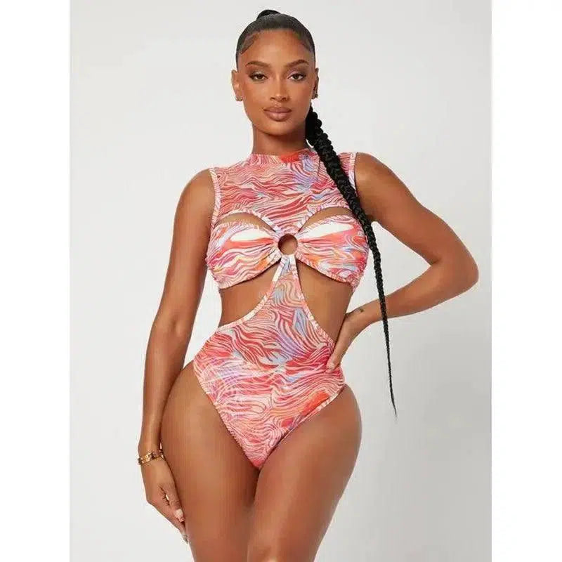 European And American Print One Piece Swimsuit Bikini-Pink-1