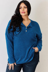 Basic Bae Full Size Ribbed Half Button Long Sleeve High-Low T-Shirt-4