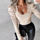 Women's Beaded U-Neck Puff Sleeve T-Shirt, Rib Knit Slim Fit Long Sleeve Top