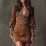 European And American Women's Clothing Long Sleeve V-neck Sexy Dress Embroidery
