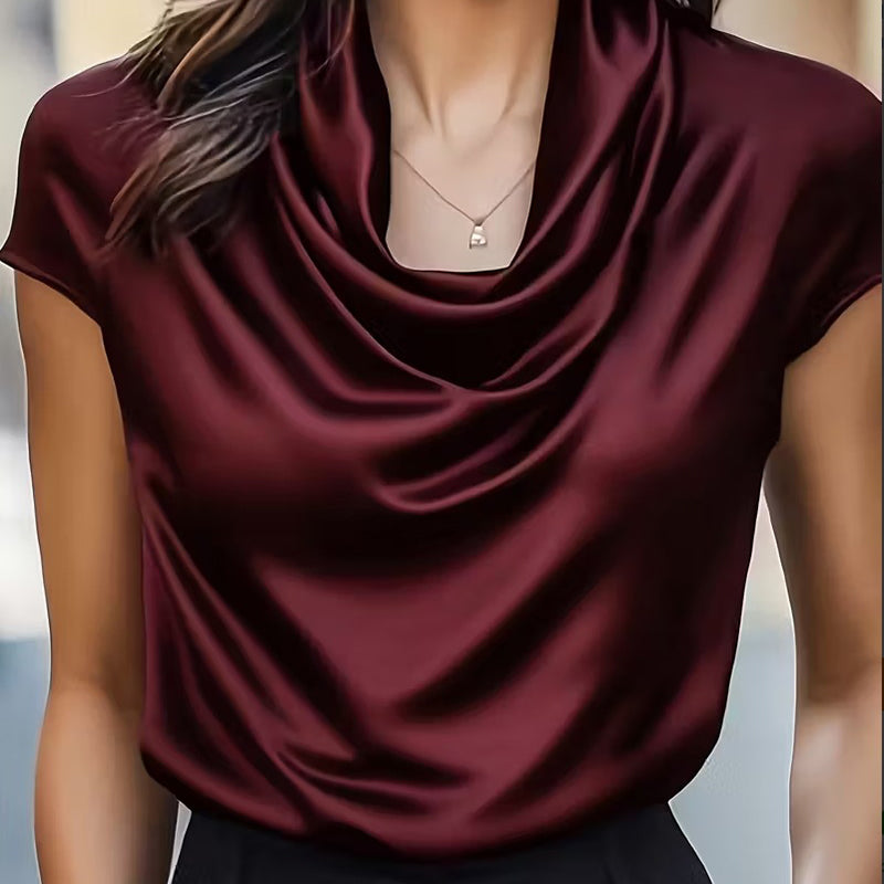 Women's Solid Color Cowl Neck Ruched Blouse, Elegant Short Sleeve Shiny Office Shirt, Wrinkle-Resistant For Wedding & Formal Occasions