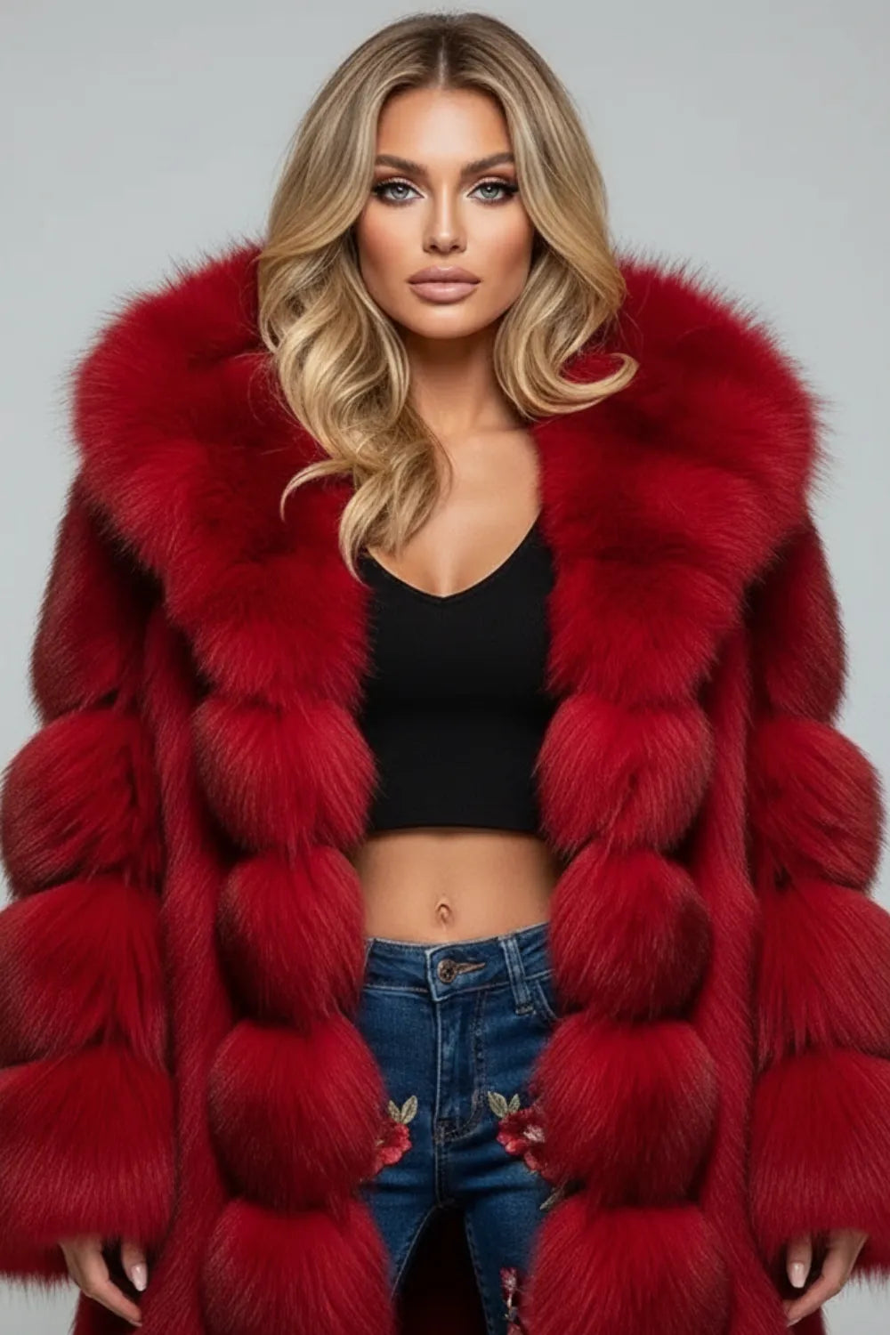 Luxury long grey faux fur coat with hood for women – chic winter fashion statement USA