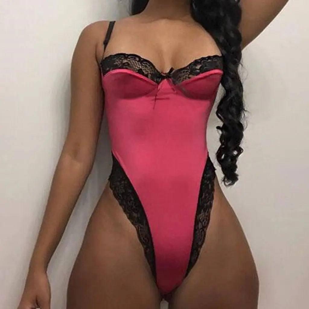 2023 Linglace Lace Patchwork Sexy Lingerie Bodysuit Women-Red-5