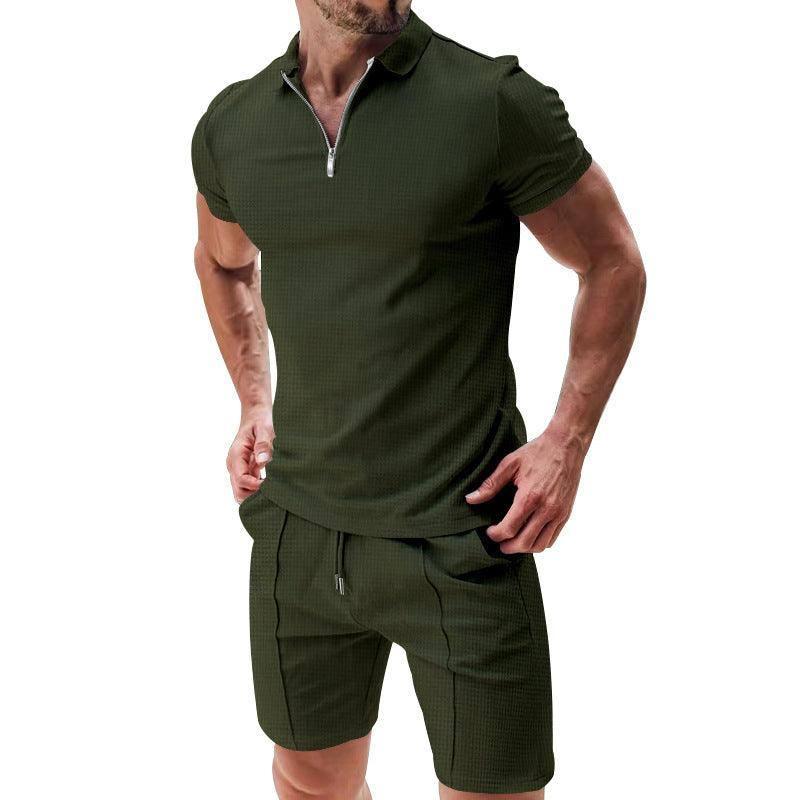 2Pcs Casual Waffle Suit Summer Zipper Lapel Short-sleeved Light Blue / 3XL-Army Green-3