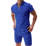 2Pcs Casual Waffle Suit Summer Zipper Lapel Short-sleeved Light Blue / 3XL-Royal-4