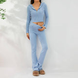 2pcs Knitted Hooded Suits Women's Long-sleeved Cardigan And High Waisted Trousers Clothing-2