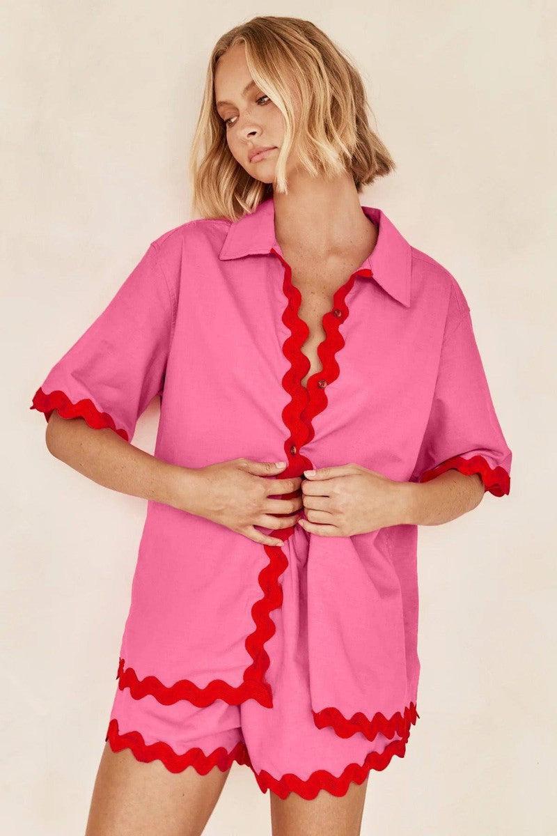 2Pcs Summer Shirt Suit With Short-sleeved V-neck Shirt And-Pink-9