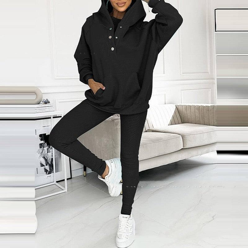 3pcs Women's Sports Suit Loose Hooded Pockets Sweatshirt And-Black-13