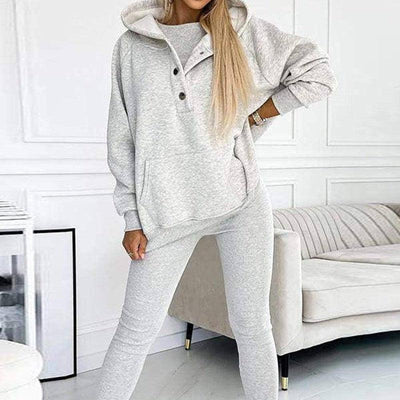 3pcs Women's Sports Suit Loose Hooded Pockets Sweatshirt And Vest And Slim Trousers-Grey-7