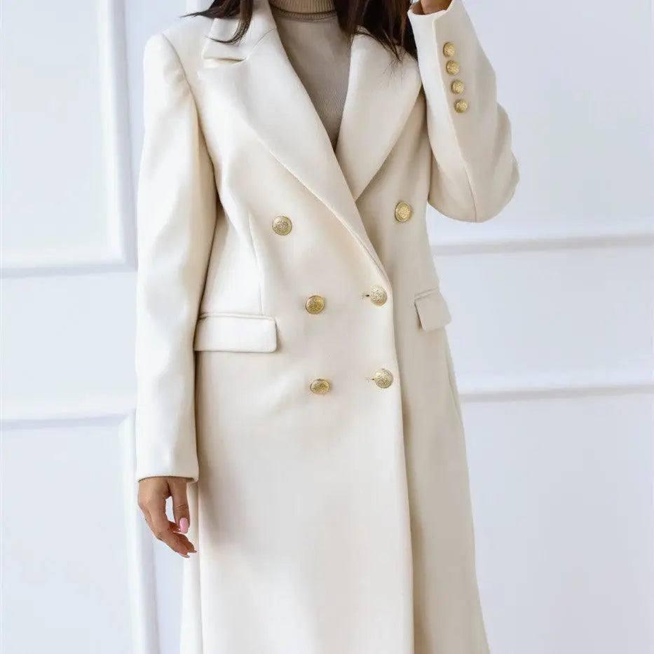 Autumn And Winter Long Metal Buckle Tweed Jacket For Women-White-3