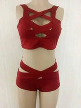 Bandage Cross Bikini High Waist Solid Color Split-Redwine-10