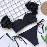 Bikini Sexy One-shoulder Puff Sleeve Strappy Swimsuit-Black-6