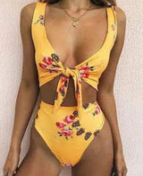 Bikini Split Swimsuit Cherry Print Swimsuit Lace-Yellow-1