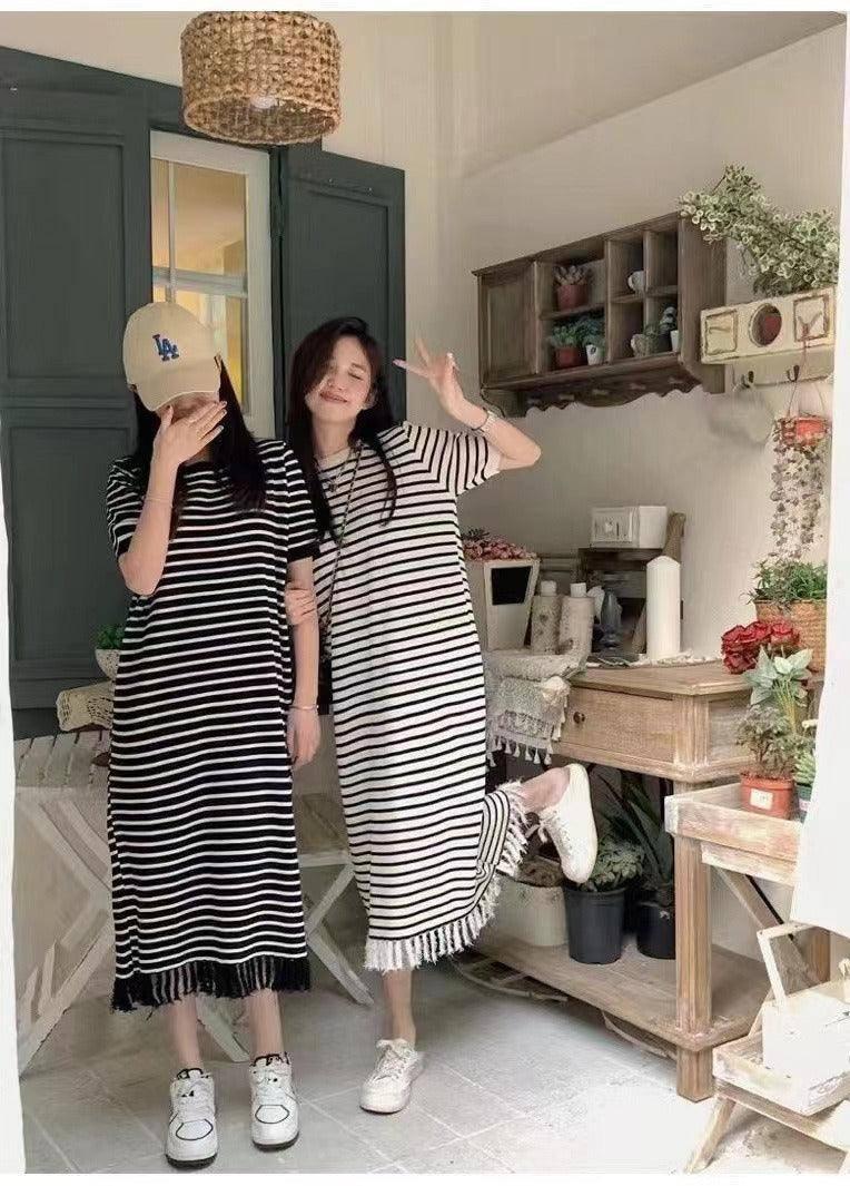 Black Knit Striped Dress Short Sleeve Women Dress maxi dress-8